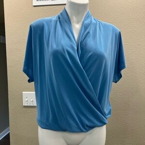 Veronica M Blue Wrap Blouse with Mandarin Collar and Short Sleeves
